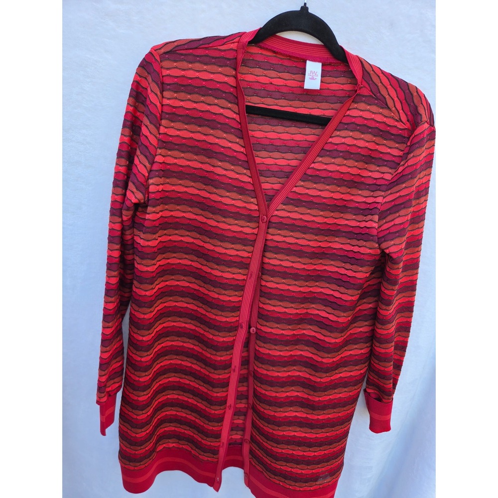 Women's Cardigan Sweater XL Red Striped Button Front JW Style Knit V-Neck Good